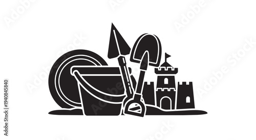 Black silhouette of beach toys and sandcastle on white background