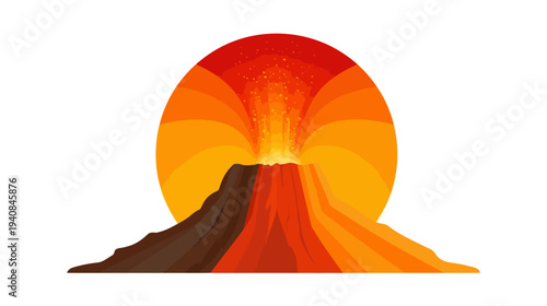 A geometric illustration of a volcano erupting, surrounded by a radiant sun