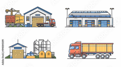 Four illustrations of industrial buildings and freight transportation elements in a flat, vector style