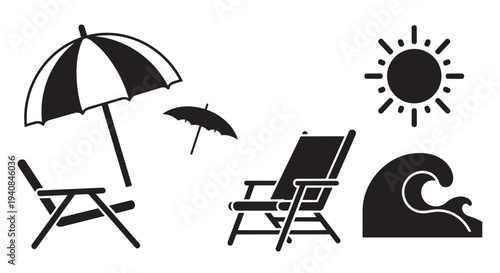 Beach icons including umbrella, chairs, sun, and wave