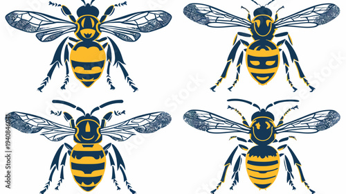 Four stylized illustrations of yellow and black striped bees with textured wings, facing forward