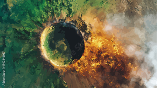 Aerial, abstract view of a crater or caldera with fiery tones, surrounded by green