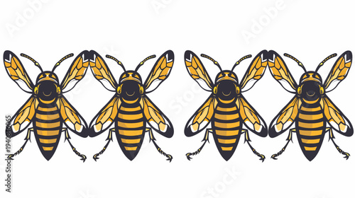 A stylized illustration features four symmetrical, cartoon-like insects with yellow and black bodies