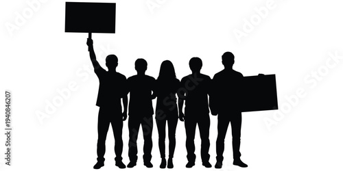 Protest silhouette illustration set, black white activism design, group demonstration motif artwork, unity advocacy symbol, people holding signs decorative motif, flat vector drawing
