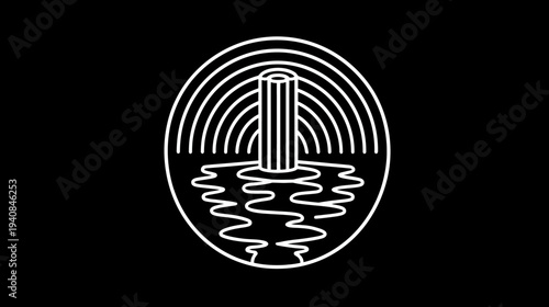Black and white illustration depicts a central pillar-like form emanating energy above water