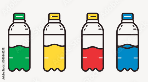 A cartoon illustration of four water bottles in green, yellow, red, and blue