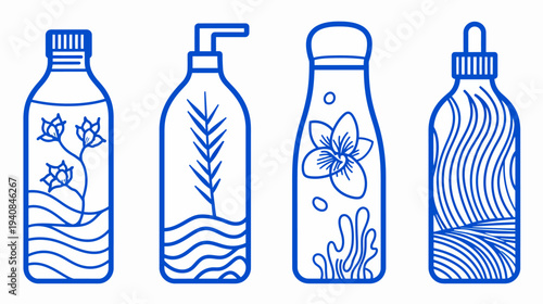 Four blue-outlined bottles with botanical and wave-like decorations, and various caps