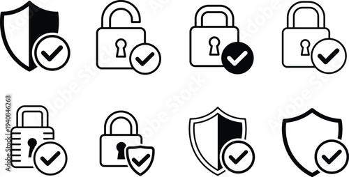 Set of security with shields and locks and checkmarks padlock unlock