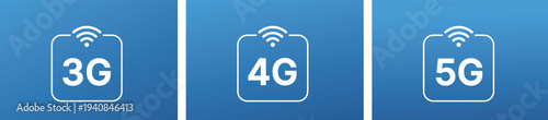 Three white showing 3G, 4G and 5G mobile network symbols on blue gradient background wireless