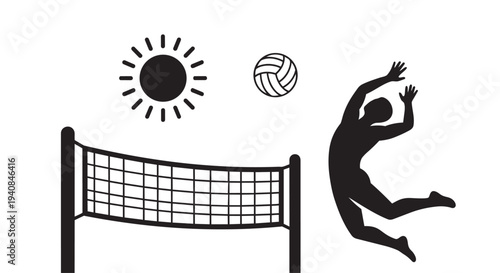 Volleyball player spiking ball at beach volleyball net