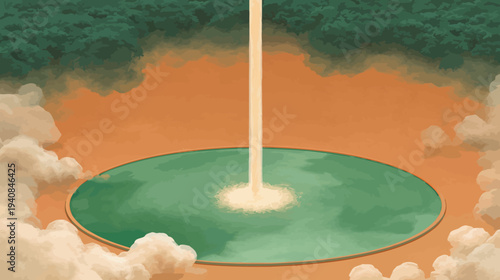 A vibrant abstract depicts a large green pool with a stream of light cascading into its center