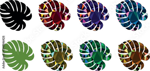 Faceted green and black monstera deliciosa leaf design for modern branding, posters, and digital botanical decor.