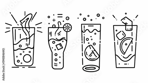 Four black and white line art illustrations of refreshing drinks with ice and garnishes