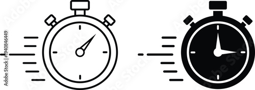 Two stopwatch one outline one solid black with motion lines time tracking
