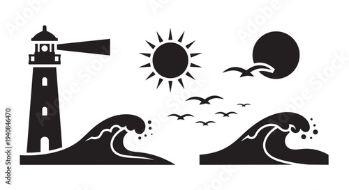 Serene coastal scene with lighthouse, waves, and sunny sky