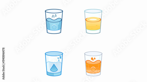 Four stylized glasses with liquids of different colors, each with variations in design