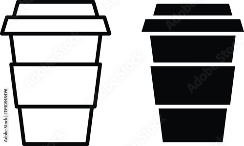 Two stylized disposable coffee cups one outlined white one solid black
