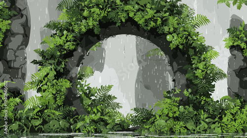A digital illustration depicting a natural scene with an archway, waterfall, and lush green foliage
