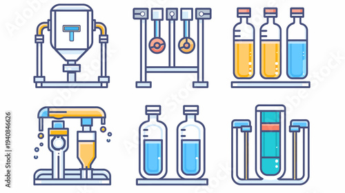 Set of six colorful laboratory icons, depicting different scientific tools and equipment