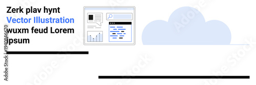 Data analytics, cloud computing, online storage, business trends, research tools, information management. A graphic interface with a chart and search bar near a cloud. Data analytics and cloud
