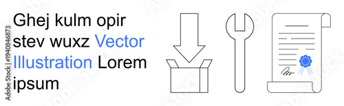 Digital tools, process flow, document verification, software installation, maintenance, technology. Box, wrench document. Process flow and document verification concepts