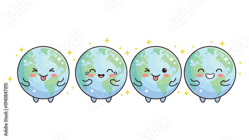 Four Cute Kawaii Cartoon Earth Characters Showing Joy