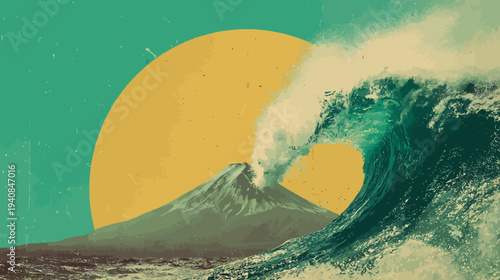Illustration of a large wave, a volcano, and a large sun. Vintage color scheme is used