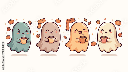 Four Cute Kawaii Ghost Characters Drinking Autumn Coffee
