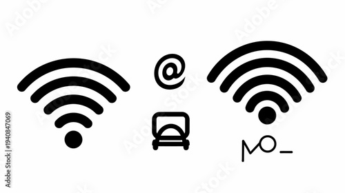 A white backdrop with four black illustrations, including WiFi symbols, at symbol, and a laptop