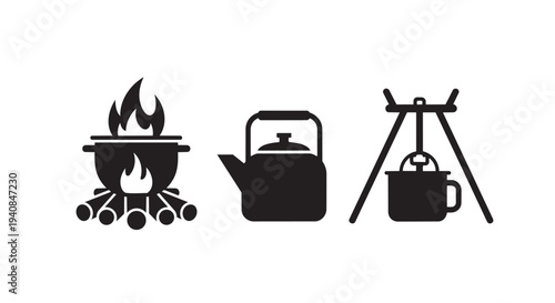 Black icons of camping cooking equipment on white background