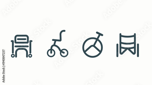 Four icons, representing seating arrangements or transportation aids, shown in simplified dark blue outlines