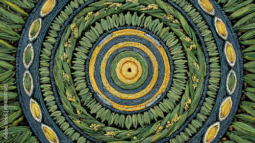 A detailed, circular mosaic art design, exhibiting a symmetrical pattern with varying greens and yellows