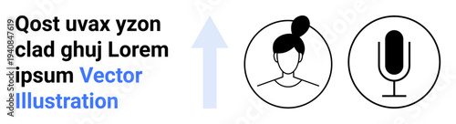 Audio communication, remote collaboration, podcasting, technology, voice recognition, user interface. Minimalist gray arrow, circular woman profile and microphone icon. Audio communication