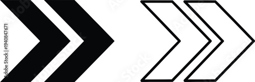 Set of 2 Double Chevron Arrows Vector Icons: One Solid Black and One Outline, Pointing Right for Navigation and Progress Indicators
