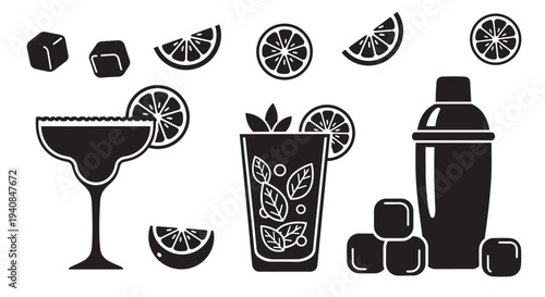 Summer Citrus Cocktail Set with Margarita Glass, Mojito, Shaker and Lime Slices Vector Icons