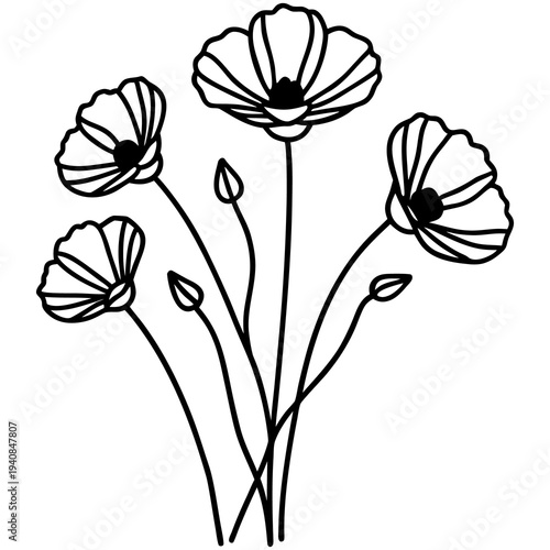 A vintage floral design featuring a set of poppy flower vector illustrations with spring blossoms and green leaves for a nature-inspired wallpaper pattern