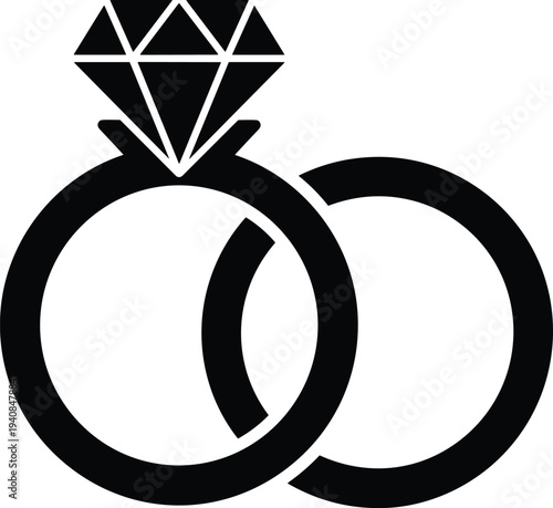 Black silhouette vector illustration of interlocking wedding rings featuring a large diamond engagement ring symbol for marriage commitment romance jewelry and bridal design projects.