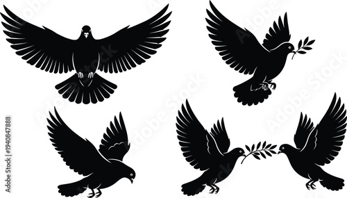 Black silhouette vector collection of flying pigeons and peace doves with olive branches symbol of freedom hope and spirituality for graphic design projects.