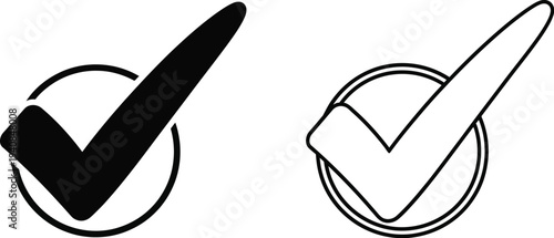 Set of 2 Check Mark Icons Vector: Black Solid and Outline Checkmark Symbols in Circles for Approval, Completion, and Success
