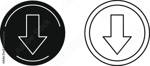 Modern black and white down arrow icons set isolated on transparent background, Vector