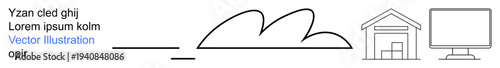 Digital transformation, technology solutions, cloud computing, online storage, IT infrastructure, remote work. Cloud icon, storage structure and monitor. Cloud computing and technology solutions