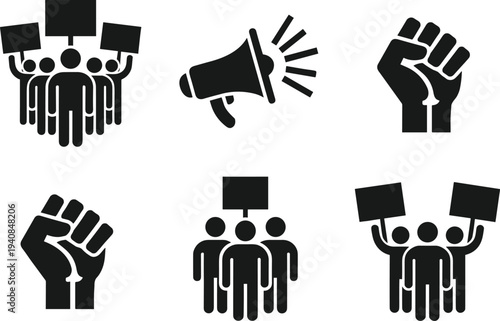 Black silhouette icons representing protest, activism, and public demonstration with raised fists, megaphone, and groups holding signs, symbolizing unity, resistance, solidarity, and social movement 