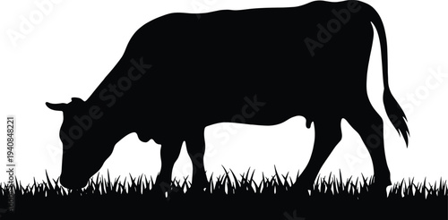 Black silhouette illustration of cow grazing on grass in rural landscape, symbolizing livestock, agriculture, farm life, eco‑friendly nature themes, and educational design concepts