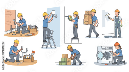 Handyman repair worker scenes set with tools home fixes and maintenance