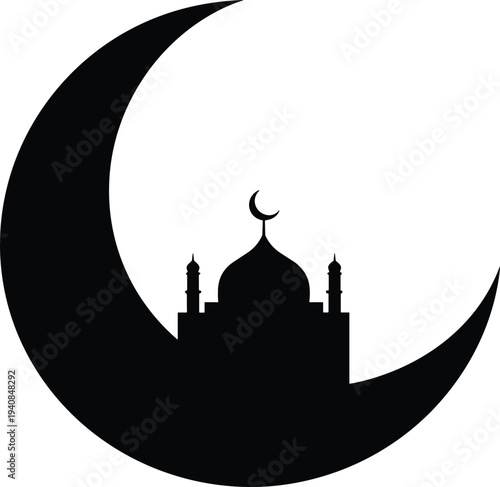 Silhouette of Islamic mosque with crescent moon background, spiritual architecture design symbolizing Ramadan, Eid, prayer, faith, Islamic culture, and 