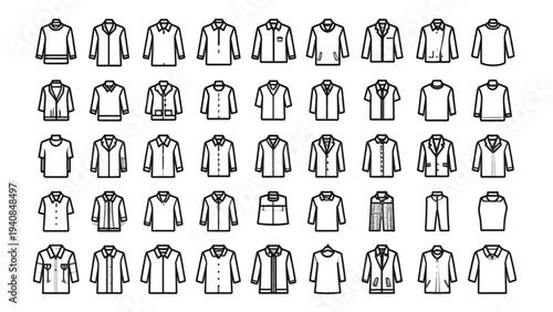 Clothing outline icons vector set with shirts jackets dresses pants and casual apparel line art collection