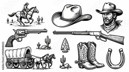 Vintage cowboy western icon set with revolver rifle hat wagon and boots