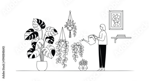 Vector illustration of a person watering plants in a room