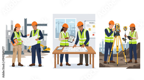 Construction engineer teamwork scenes with surveying planning and measurements