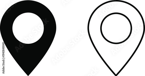 Set of 2 Location Pin Icons Vector: Solid Black and Outline Styles for Maps, Navigation, GPS, and Address Pointers